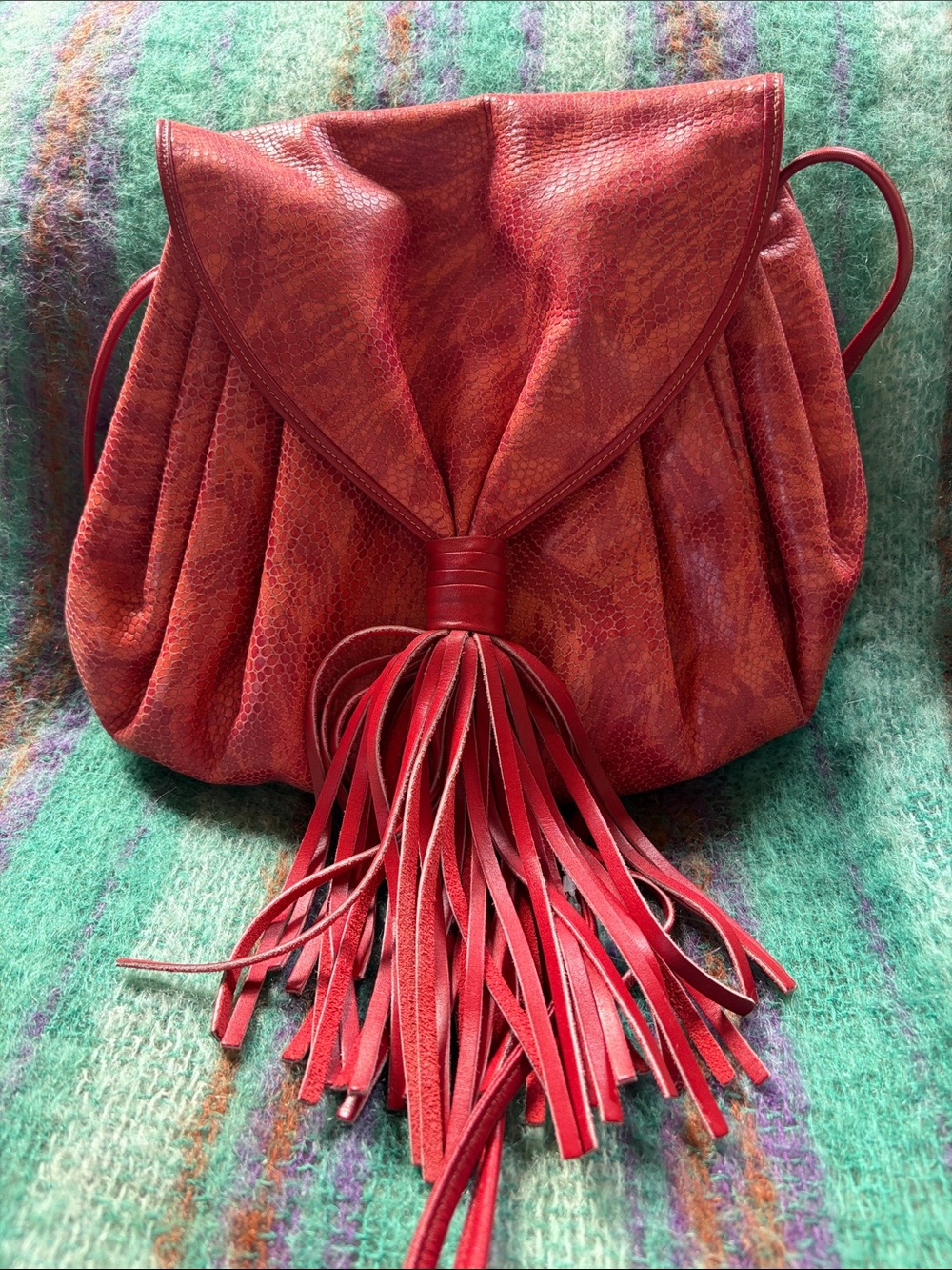 Susan Gail snakeskin Leather Shoulder Bag with Tassel Fringe long strap